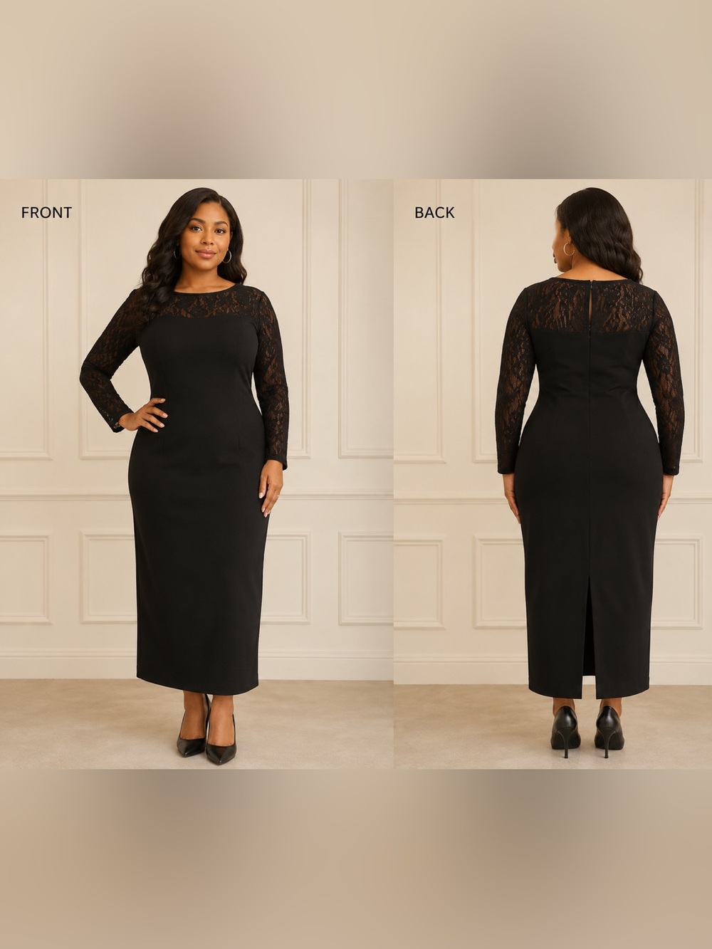 Maggy London Black Lace Sheath Midi Dress Women’s Size 14 3/4 Sleeve Cocktail